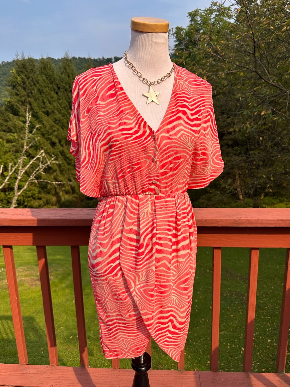 Alice + Olivia Coral and Cream Zebra-Print V-Neck Silk Mini Dress